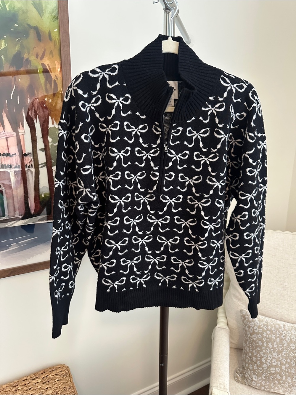 Anthropologie Maeve Black Sweater with White Bow Pattern and Half-Zip Collar